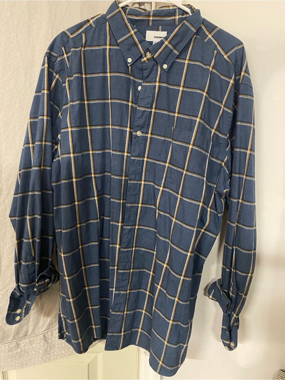 Sonoma Navy and Tan Plaid Button-Up Shirt